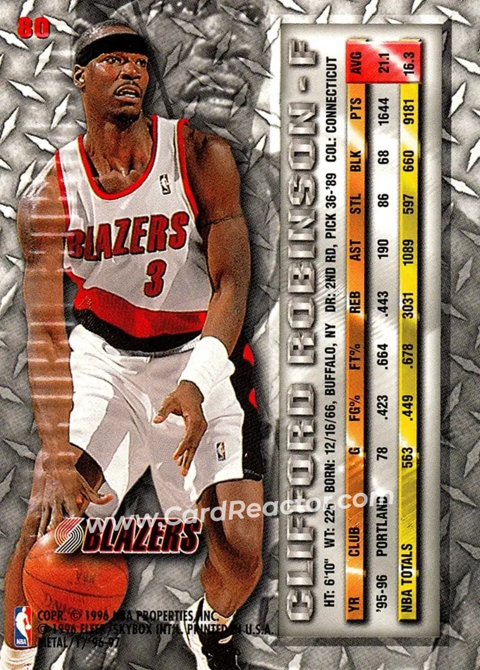 1996-97 Metal #80 - Clifford Robinson - Portland Trail Blazers - Back