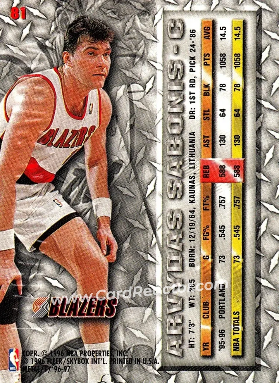 1996-97 Metal #81 - Arvydas Sabonis - Portland Trail Blazers - Back