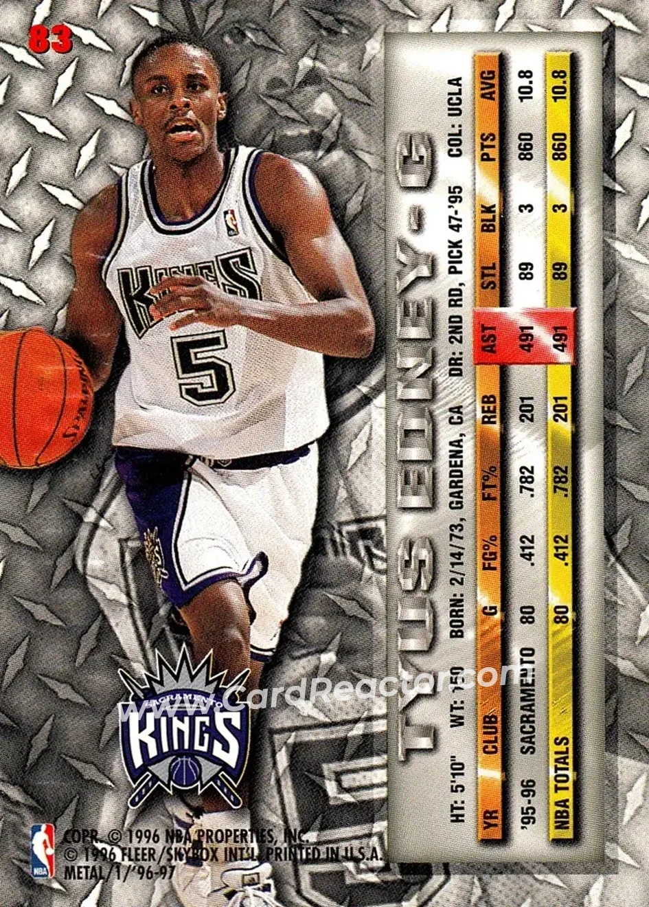 1996-97 Metal #83 - Tyus Edney - Sacramento Kings - Back 1996-97 Metal #83 - Tyus Edney - Sacramento Kings - Back