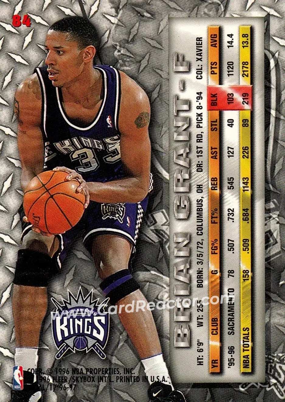 1996-97 Metal #84 - Brian Grant - Sacramento Kings - Back