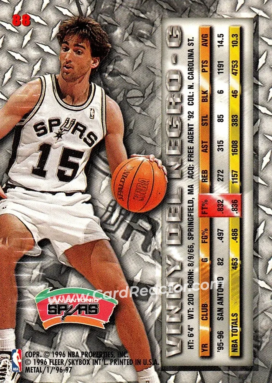 1996-97 Metal #88 - Vinny Del Negro - San Antonio Spurs - Back