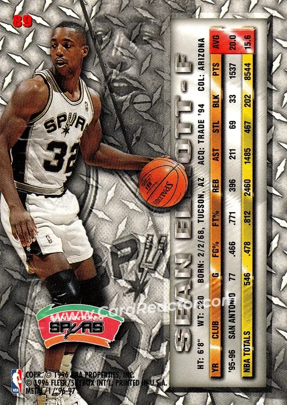 1996-97 Metal #89 - Sean Elliott - San Antonio Spurs - Back