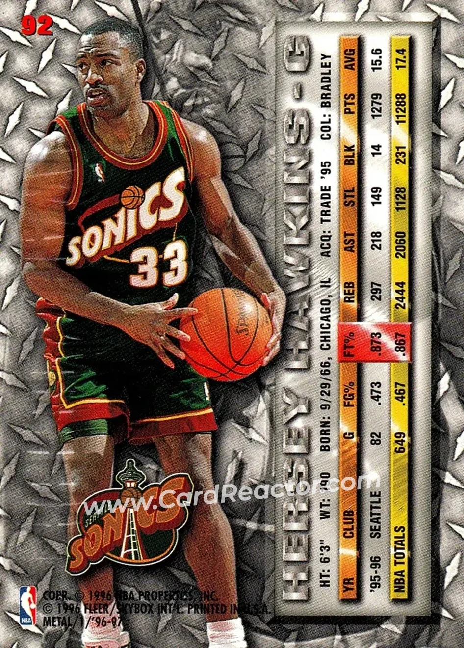 1996-97 Metal #92 - Hersey Hawkins - Seattle SuperSonics - Back