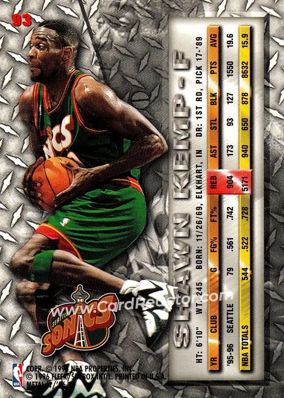 1996-97 Metal #93 - Shawn Kemp - Seattle SuperSonics - Back