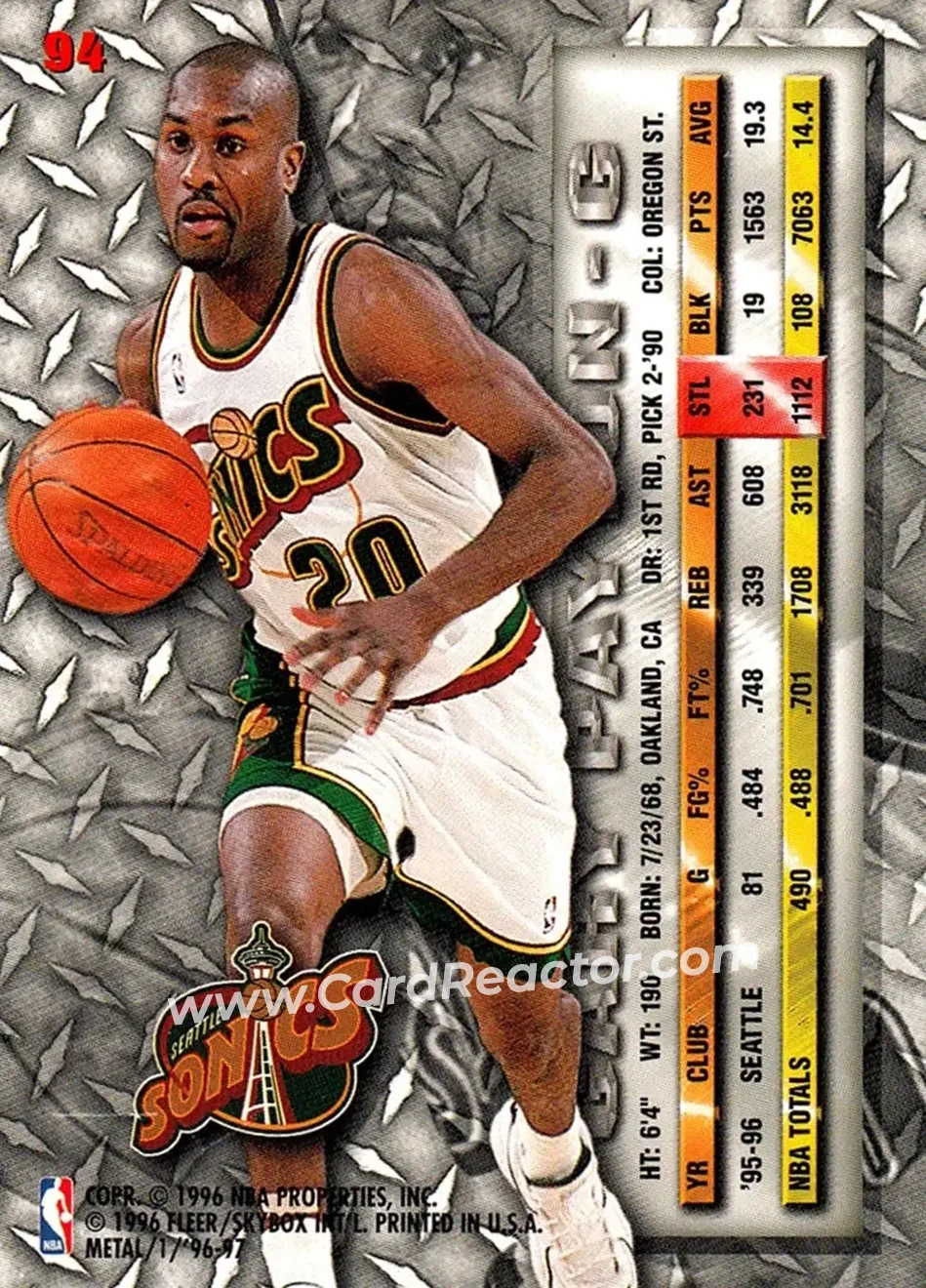 1996-97 Metal #94 - Gary Payton - Seattle SuperSonics - Back