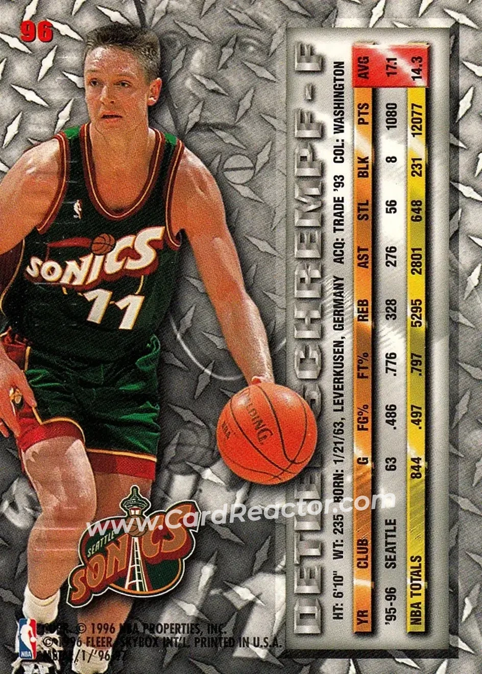 1996-97 Metal #96 - Detlef Schrempf - Seattle SuperSonics - Back