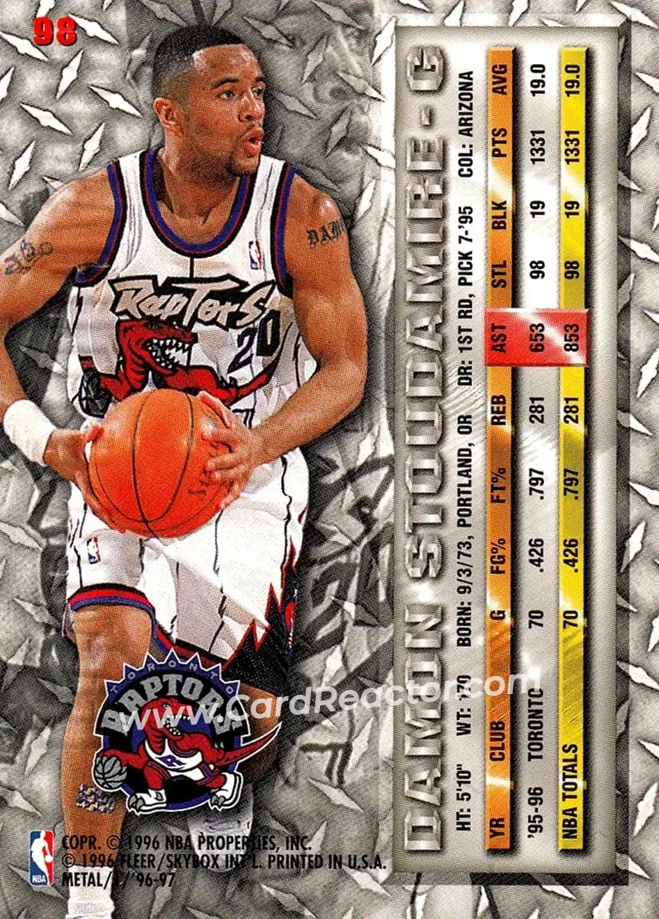 1996-97 Metal #98 - Damon Stoudamire - Toronto Raptors - Back