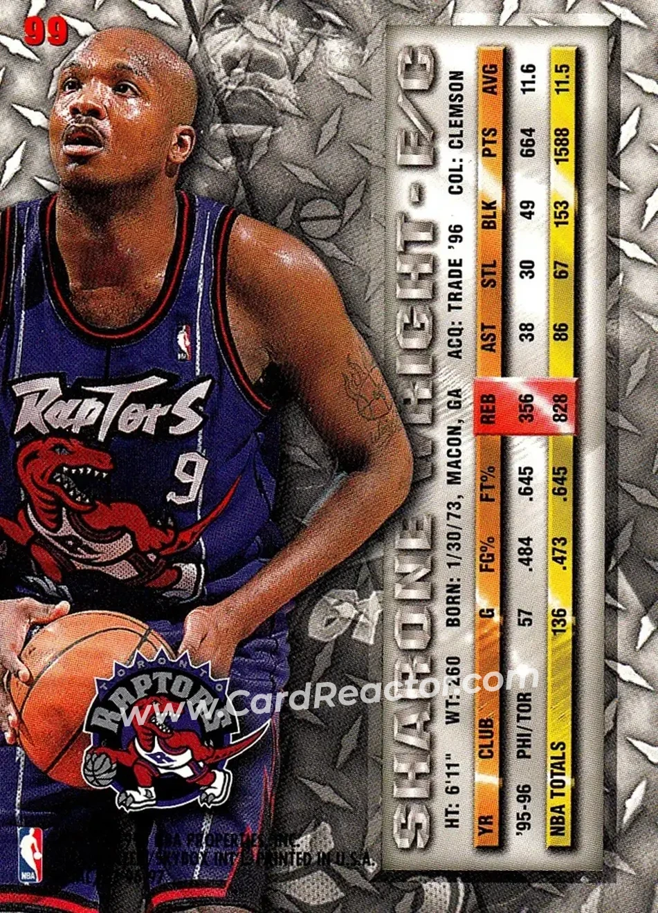 1996-97 Metal #99 - Sharone Wright - Toronto Raptors - Back 1996-97 Metal #99 - Sharone Wright - Toronto Raptors - Back