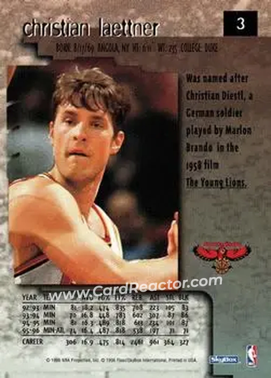 1996-97 SkyBox Premium #3 - Christian Laettner - Atlanta Hawks - Back