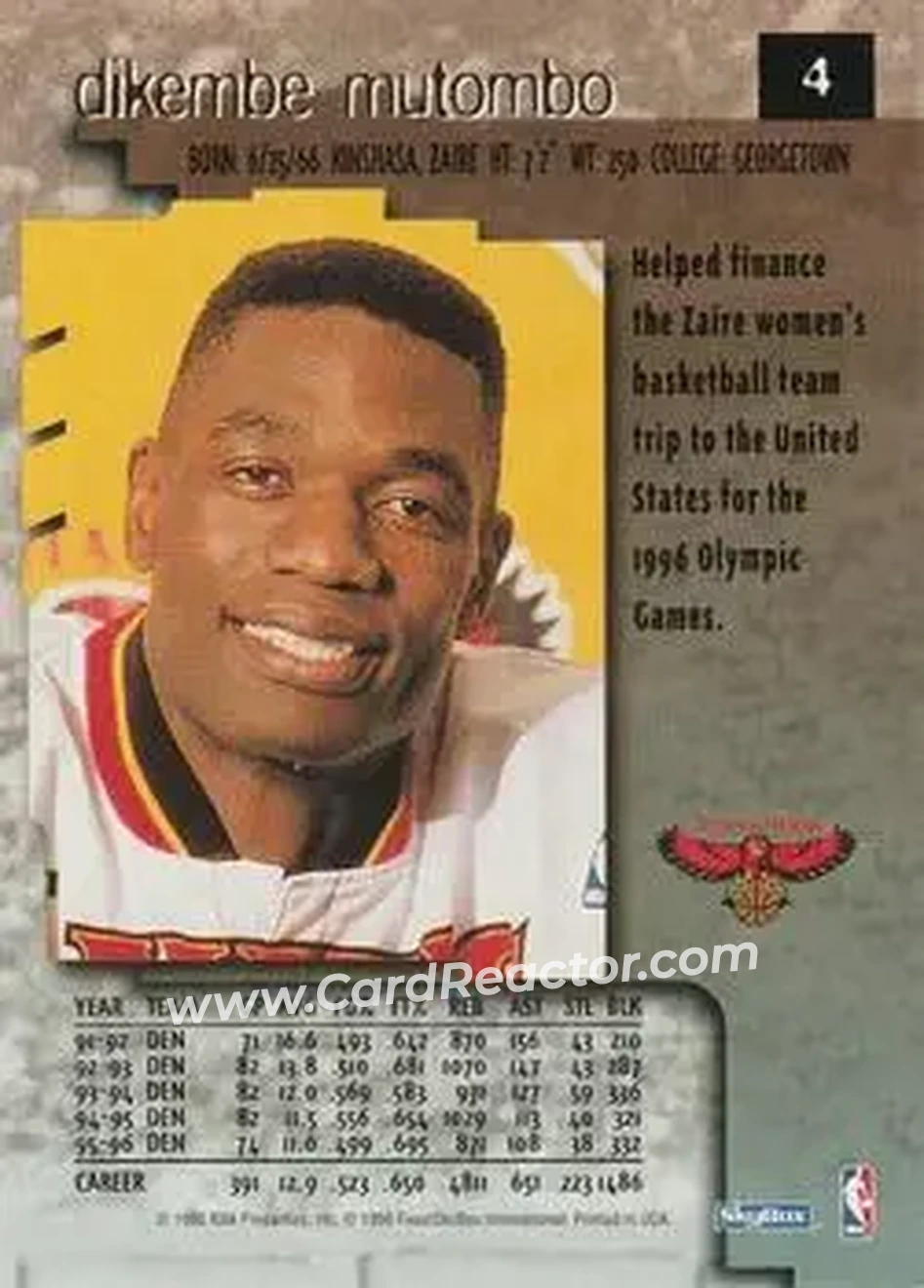 1996-97 SkyBox Premium #4 - Dikembe Mutombo - Atlanta Hawks - Back