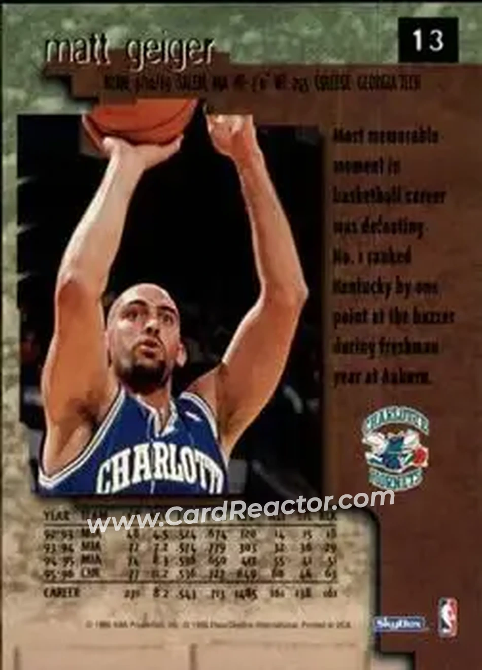 1996-97 SkyBox Premium #13 - Matt Geiger - Charlotte Hornets - Back