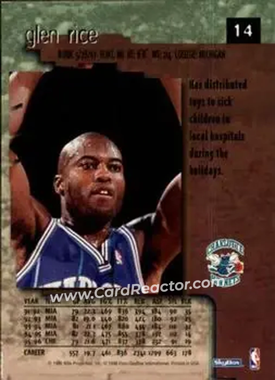 1996-97 SkyBox Premium #14 - Glen Rice - Charlotte Hornets - Back