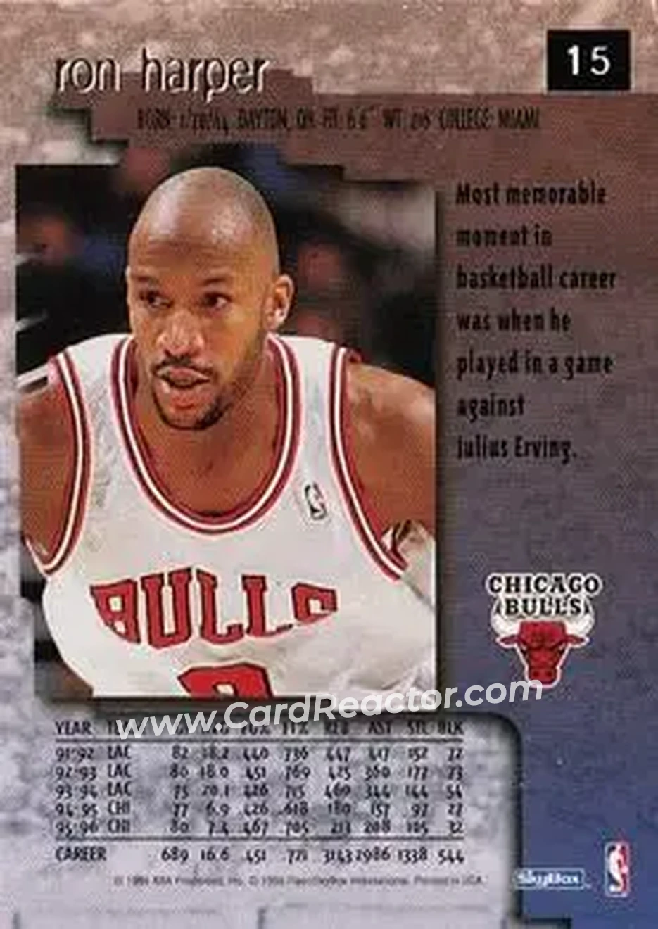 1996-97 SkyBox Premium #15 - Ron Harper - Chicago Bulls - Back