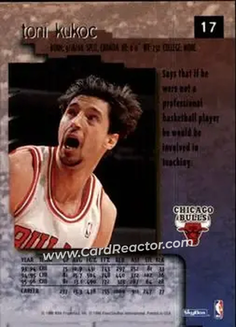 1996-97 SkyBox Premium #17 - Toni Kukoc - Chicago Bulls - Back