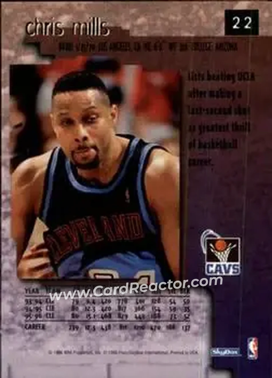 1996-97 SkyBox Premium #22 - Chris Mills - Cleveland Cavaliers - Back