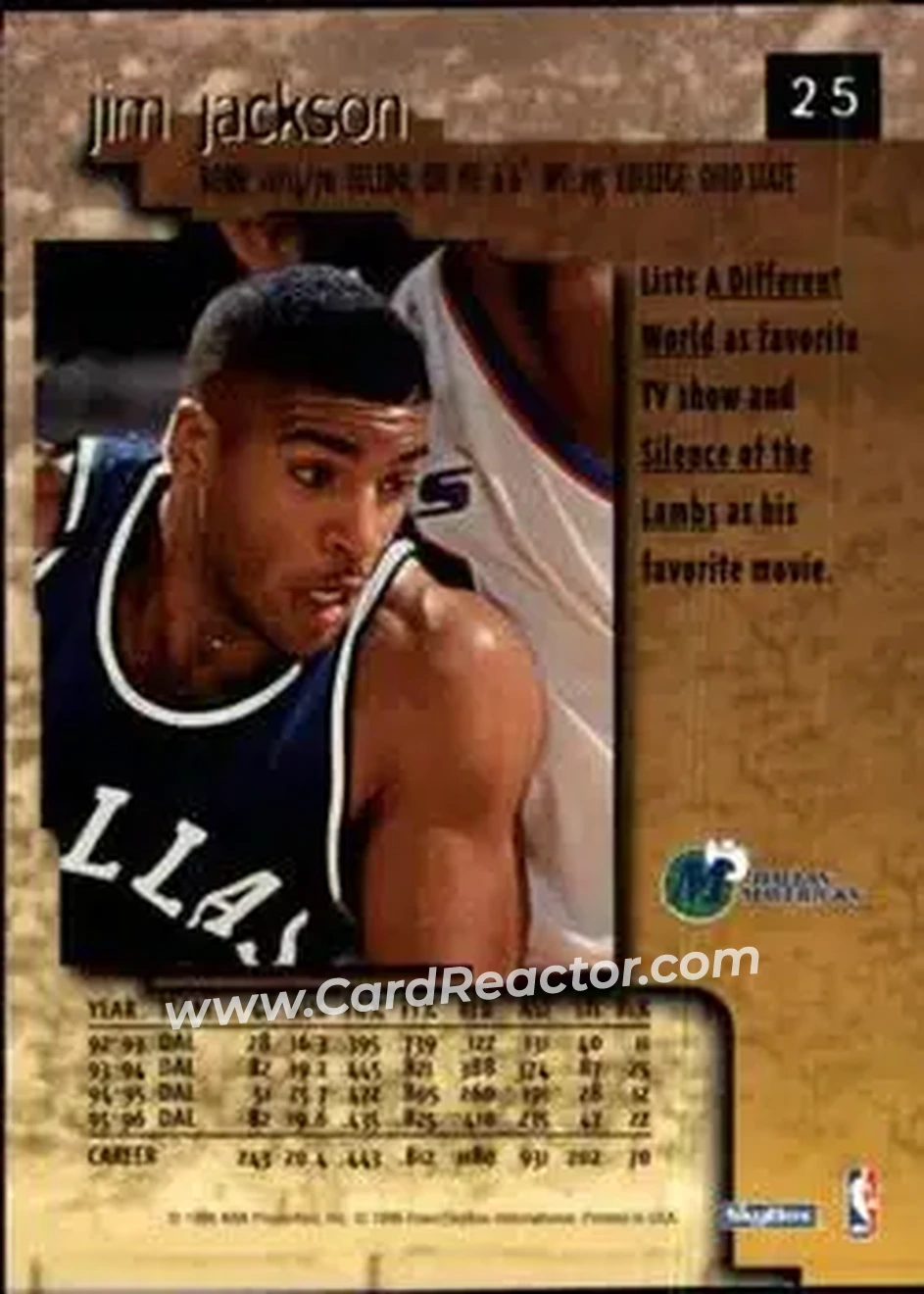 1996-97 SkyBox Premium #25 - Jim Jackson - Dallas Mavericks - Back