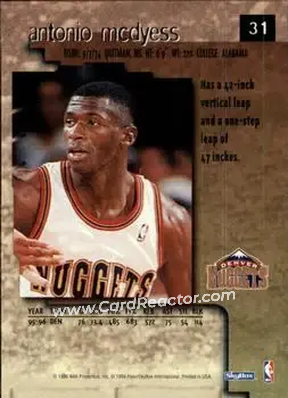 1996-97 SkyBox Premium #31 - Antonio McDyess - Denver Nuggets - Back