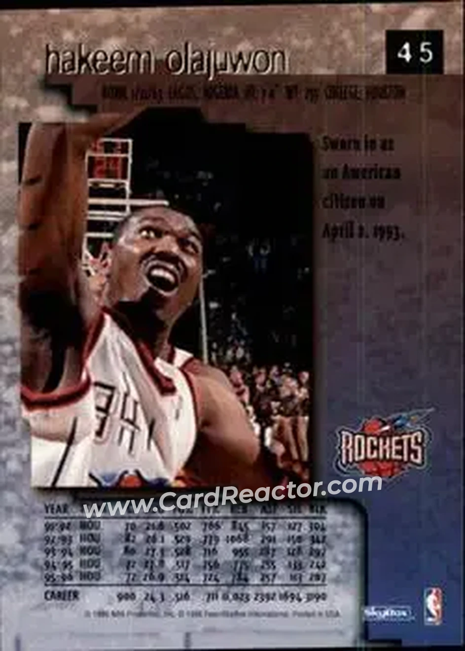 1996-97 SkyBox Premium #45 - Hakeem Olajuwon - Houston Rockets - Back