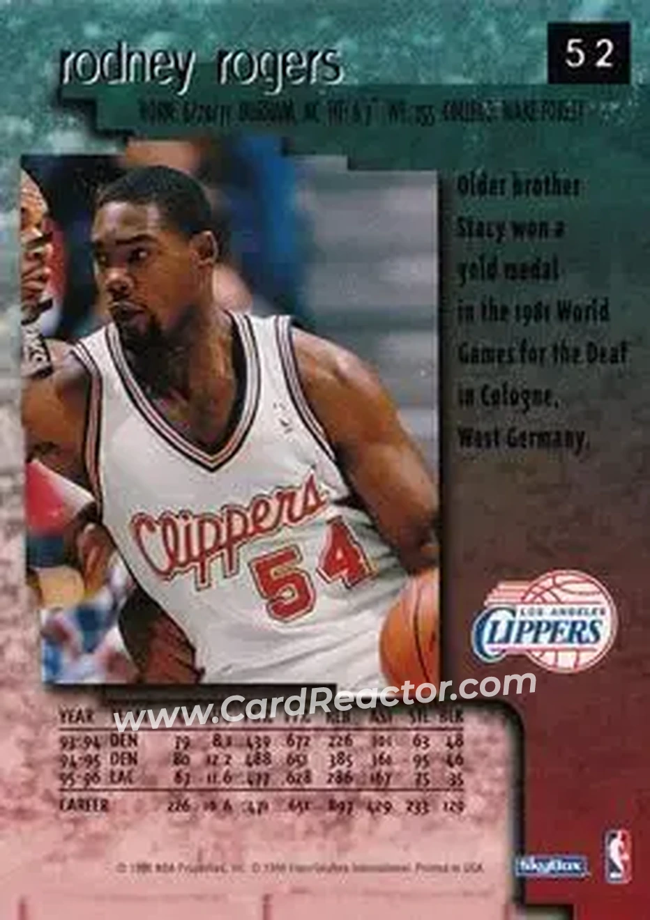 1996-97 SkyBox Premium #52 - Rodney Rogers - Los Angeles Clippers - Back