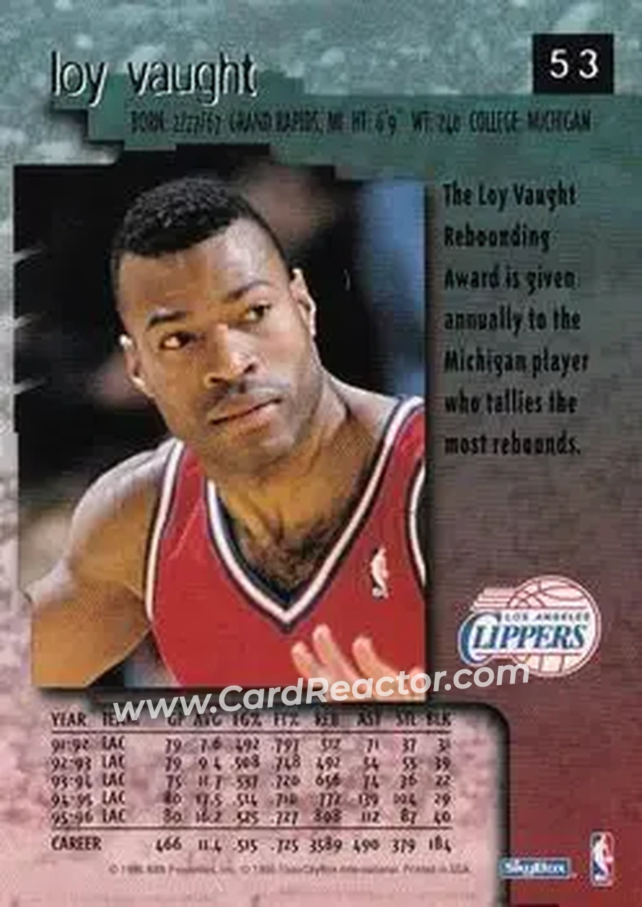 1996-97 SkyBox Premium #53 - Loy Vaught - Los Angeles Clippers - Back