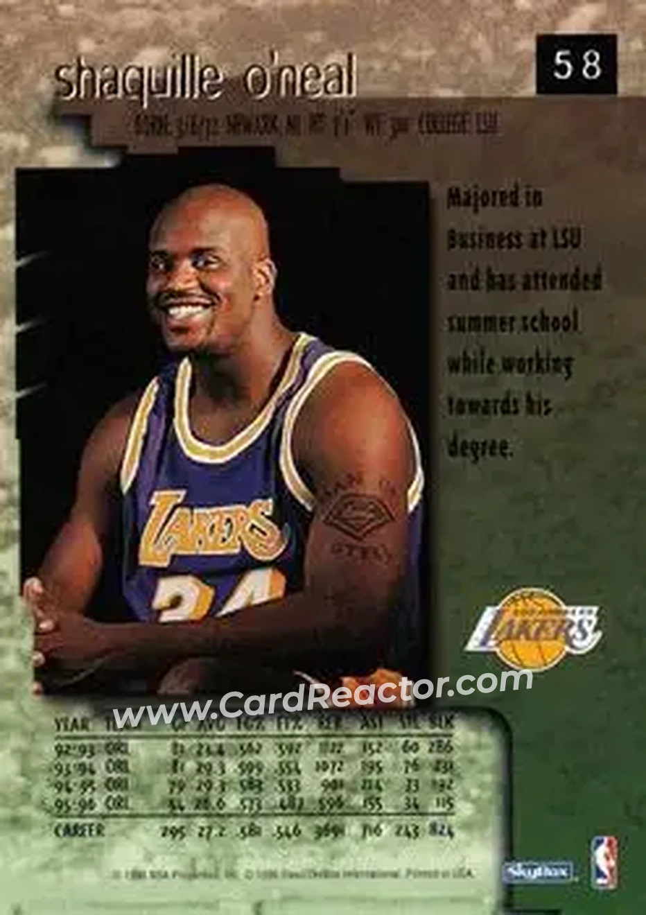 1996-97 SkyBox Premium #58 - Shaquille O'Neal - Los Angeles Lakers - Back