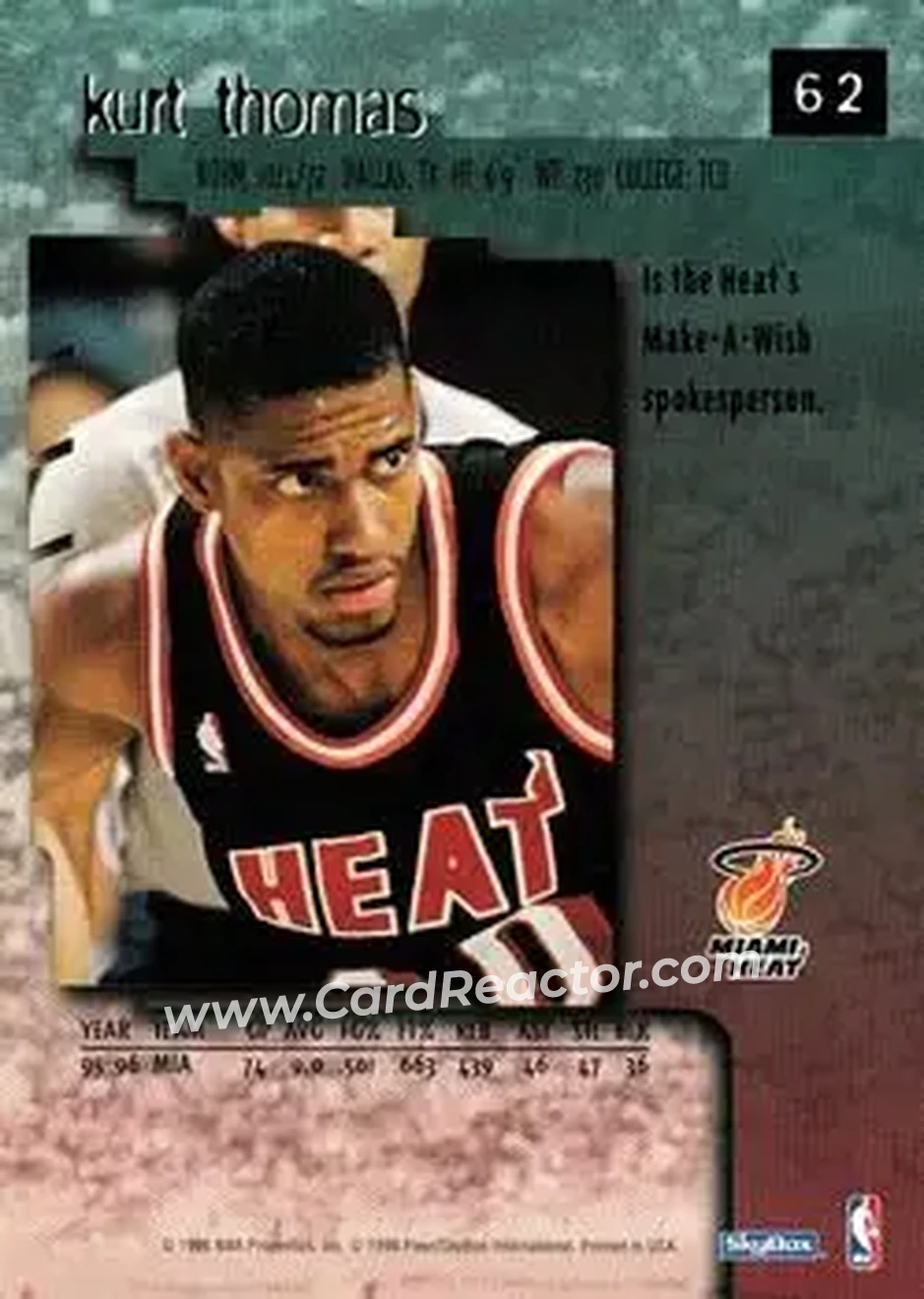 1996-97 SkyBox Premium #62 - Kurt Thomas - Miami Heat - Back