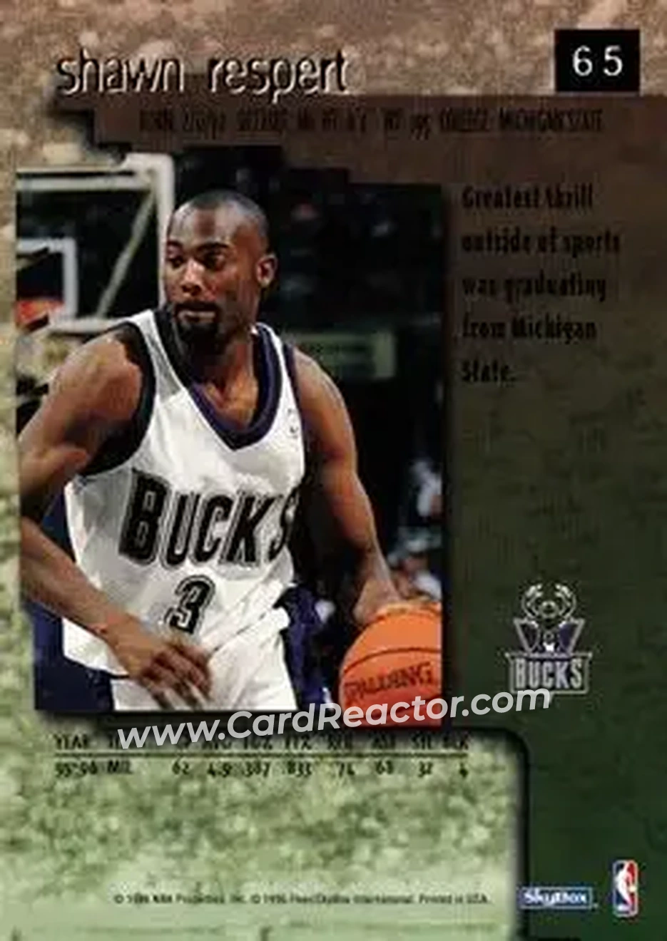 1996-97 SkyBox Premium #65 - Shawn Respert - Milwaukee Bucks - Back
