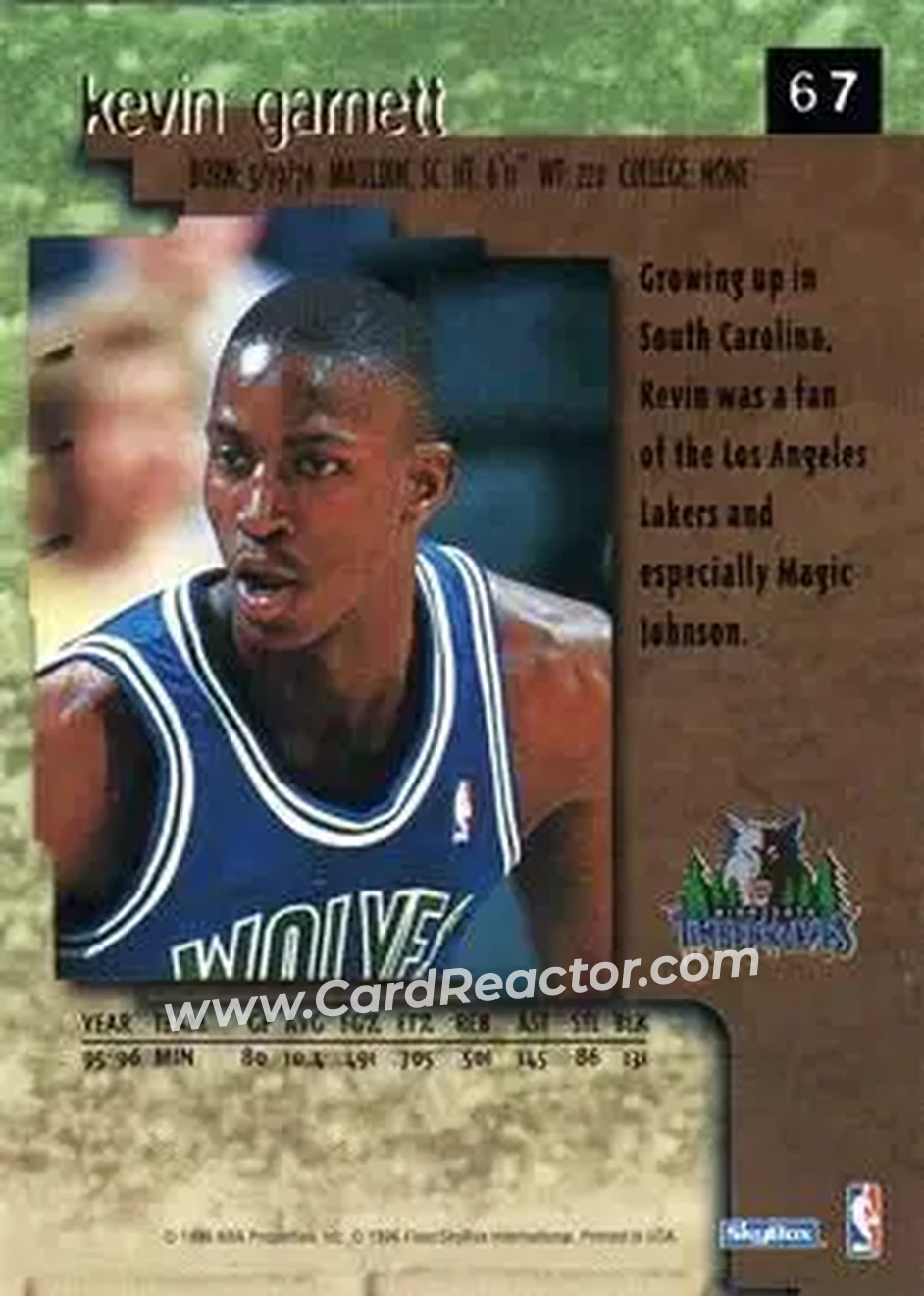 1996-97 SkyBox Premium #67 - Kevin Garnett - Minnesota Timberwolves - Back
