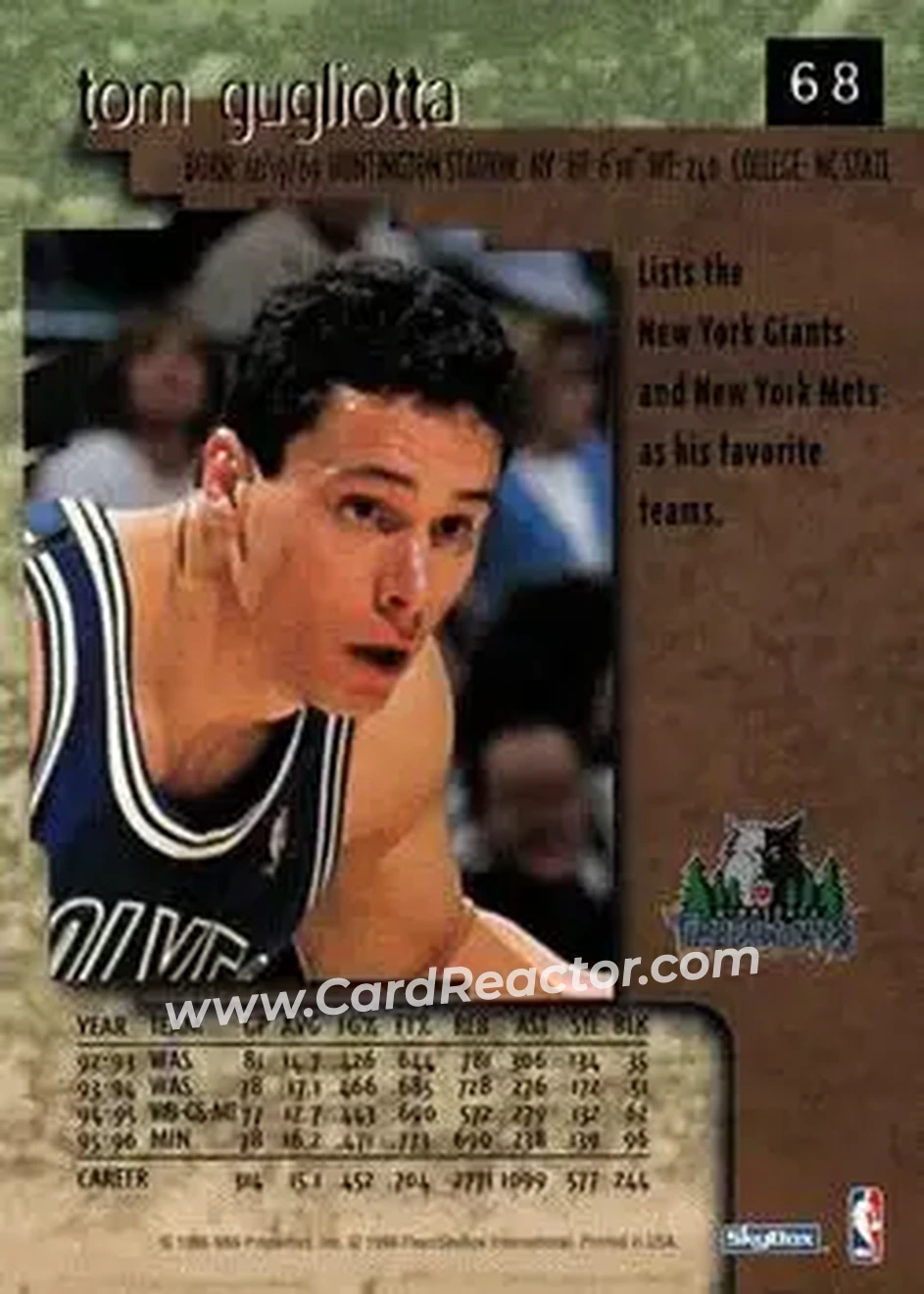 1996-97 SkyBox Premium #68 - Tom Gugliotta - Minnesota Timberwolves - Back