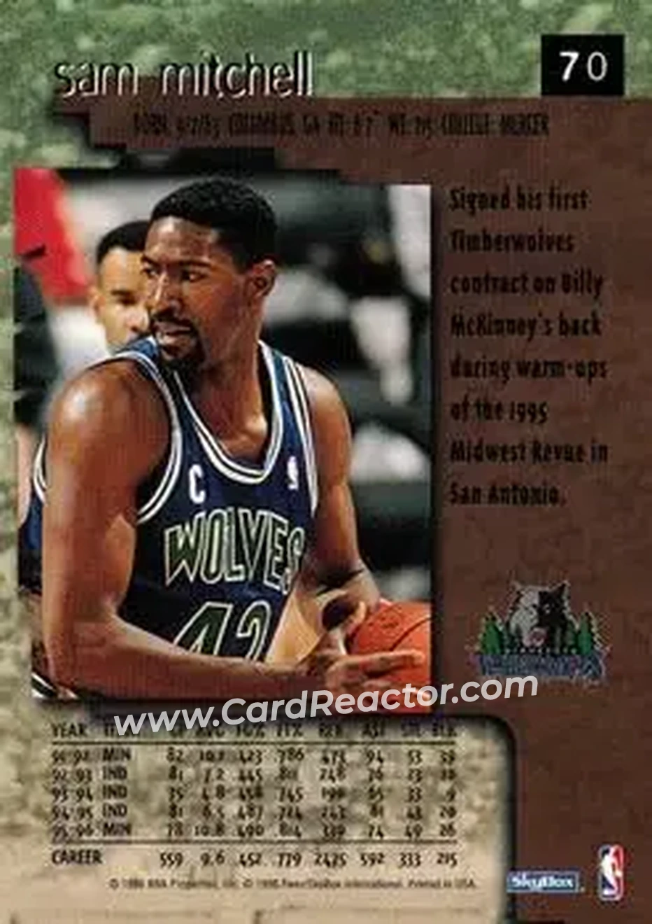 1996-97 SkyBox Premium #70 - Sam Mitchell - Minnesota Timberwolves - Back