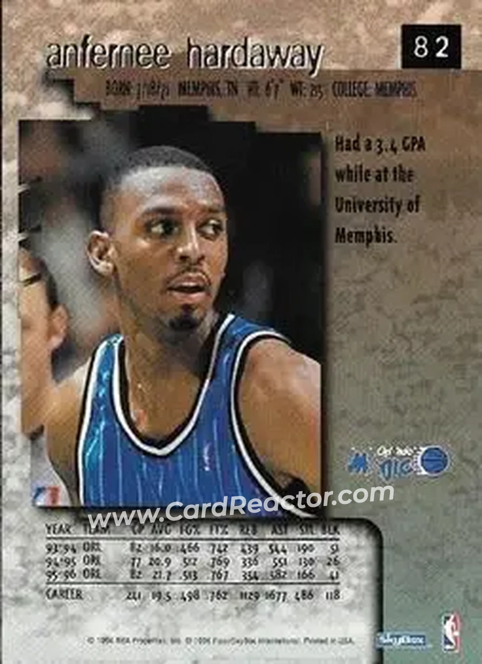 1996-97 SkyBox Premium #82 - Anfernee Hardaway - Orlando Magic - Back