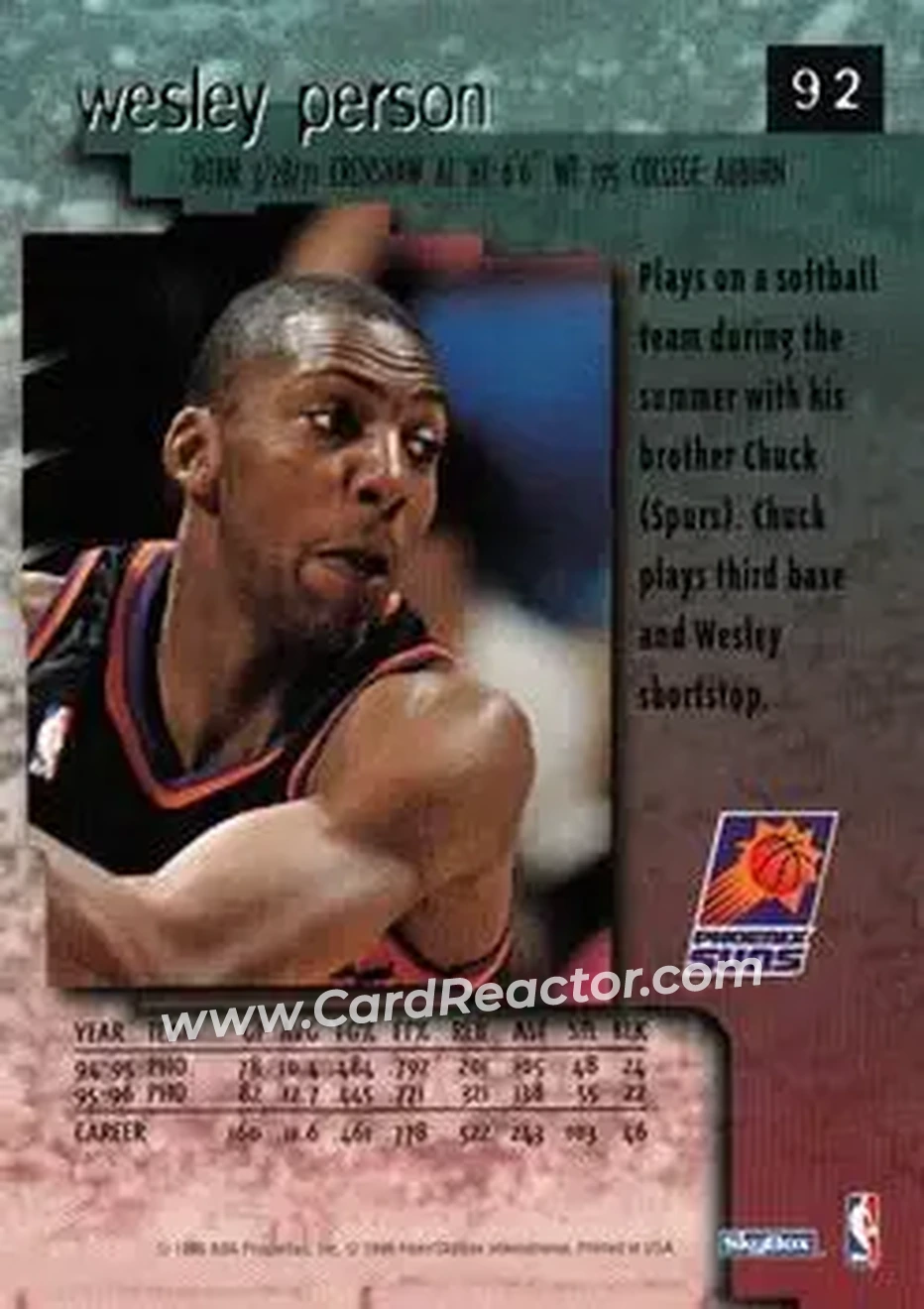 1996-97 SkyBox Premium #92 - Wesley Person - Phoenix Suns - Back