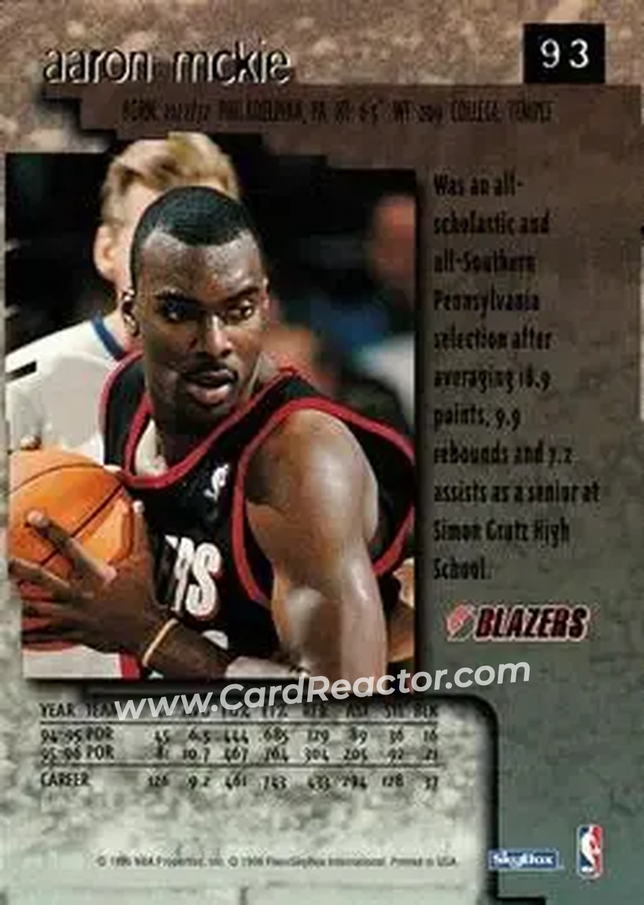 1996-97 SkyBox Premium #93 - Aaron McKie - Portland Trail Blazers - Back