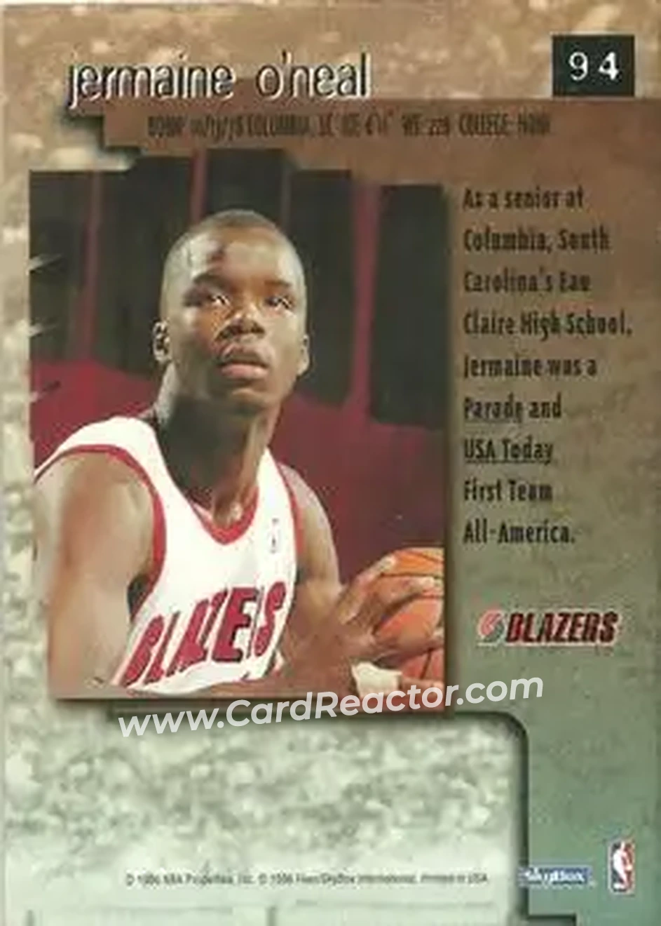 1996-97 SkyBox Premium #94 - Jermaine O'Neal - Portland Trail Blazers - Back