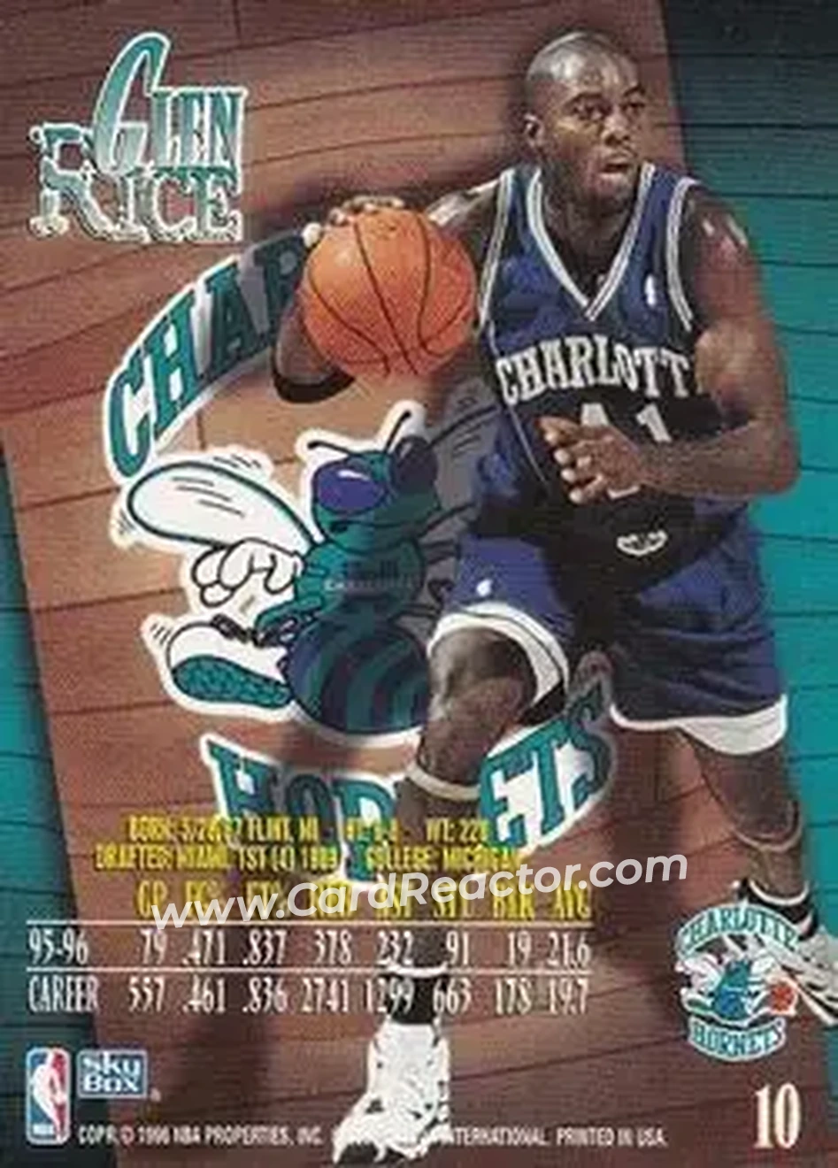 1996-97 SkyBox Z-Force #10 - Glen Rice - Charlotte Hornets - Back