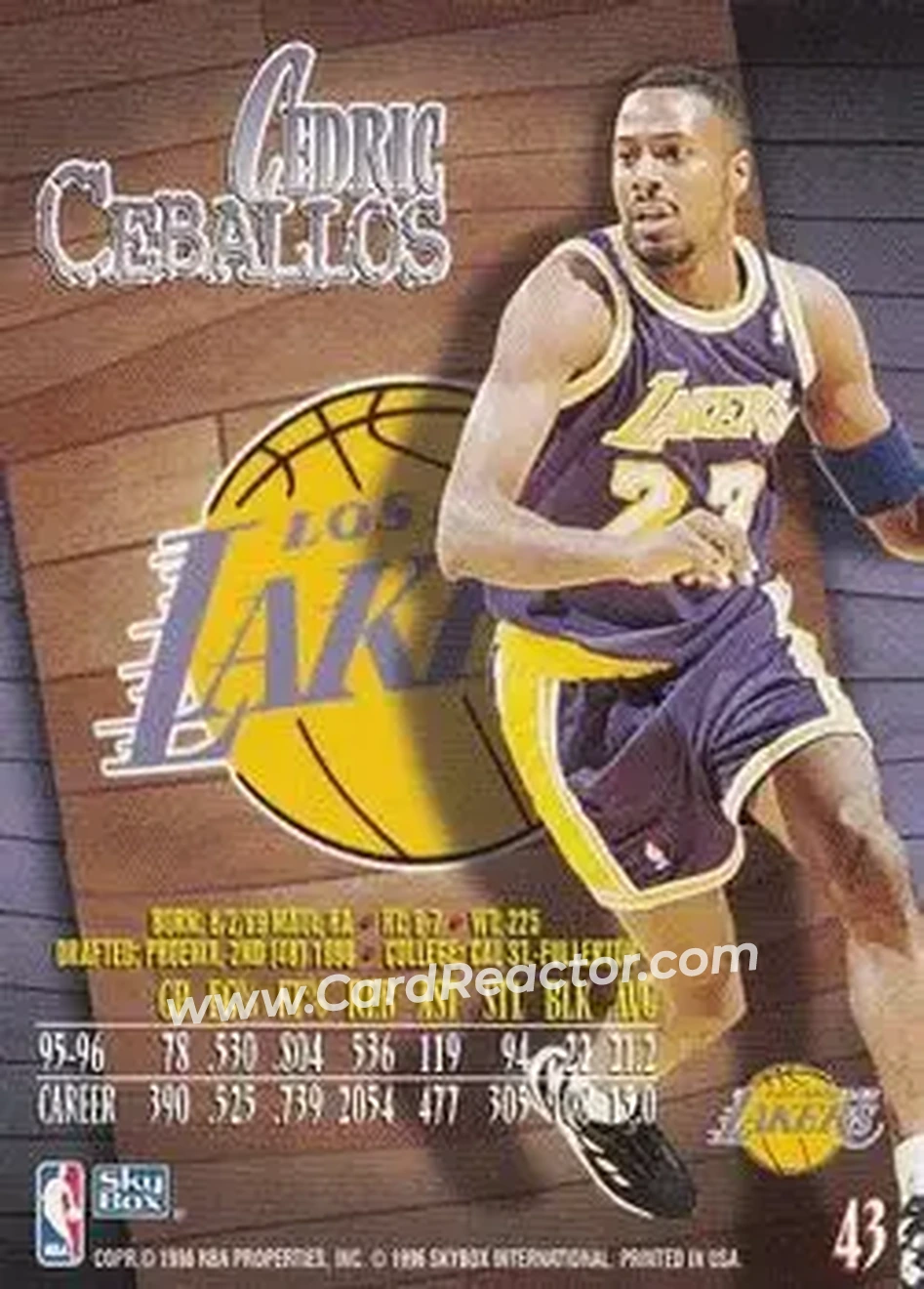1996-97 SkyBox Z-Force #43 - Cedric Ceballos - Los Angeles Lakers - Back