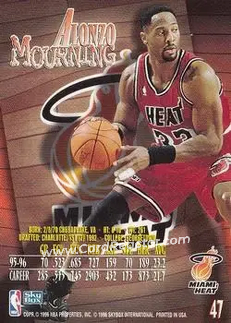 1996-97 SkyBox Z-Force #47 - Alonzo Mourning - Miami Heat - Back