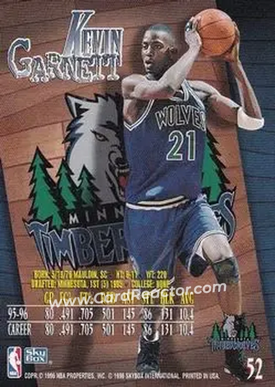 1996-97 SkyBox Z-Force #52 - Kevin Garnett - Minnesota Timberwolves - Back