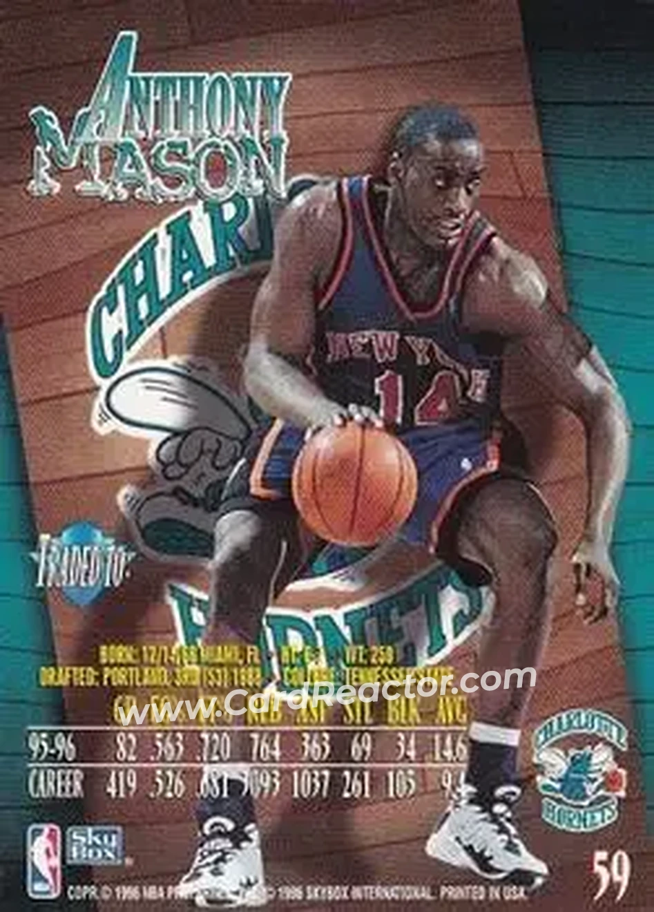 1996-97 SkyBox Z-Force #59 - Anthony Mason - Charlotte Hornets - Back