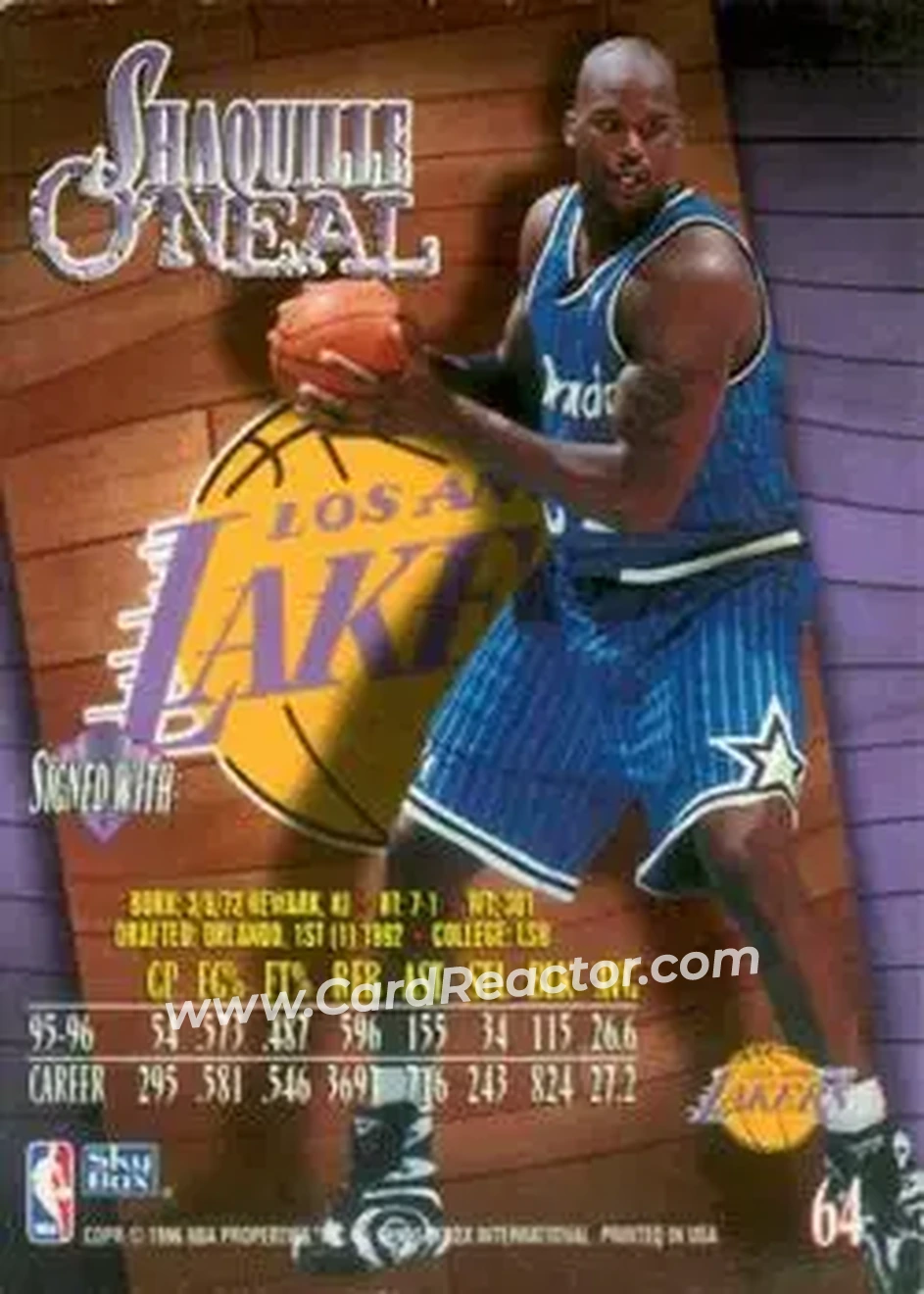 1996-97 SkyBox Z-Force #64 - Shaquille O'Neal - Los Angeles Lakers - Back