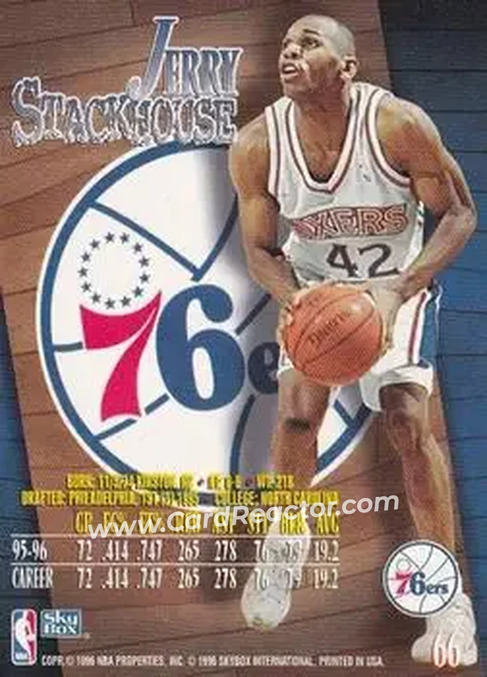 1996-97 SkyBox Z-Force #66 - Jerry Stackhouse - Philadelphia 76ers - Back