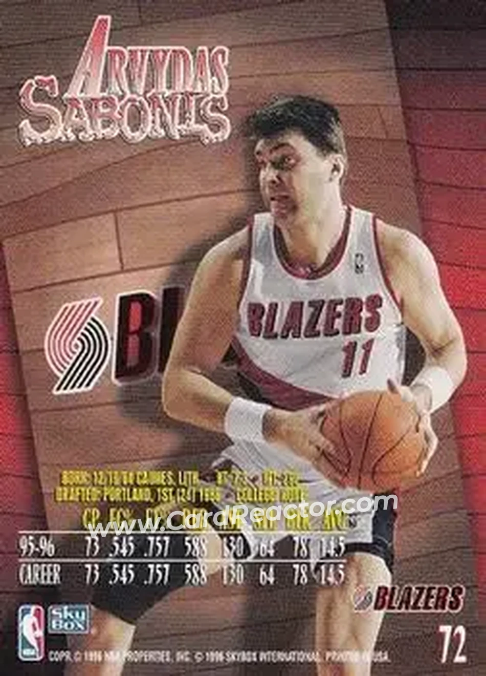 1996-97 SkyBox Z-Force #72 - Arvydas Sabonis - Portland Trail Blazers - Back