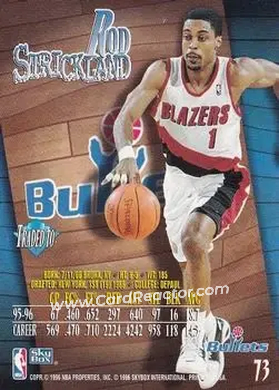 1996-97 SkyBox Z-Force #73 - Rod Strickland - Washington Bullets - Back