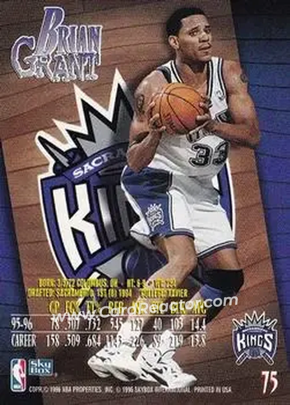 1996-97 SkyBox Z-Force #75 - Brian Grant - Sacramento Kings - Back