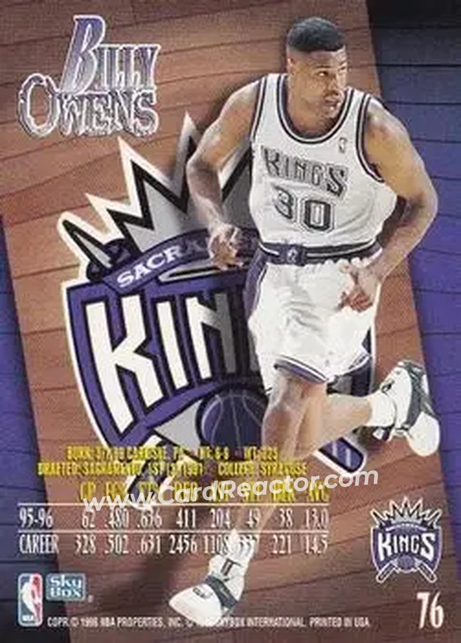 1996-97 SkyBox Z-Force #76 - Billy Owens - Sacramento Kings - Back 1996-97 SkyBox Z-Force #76 - Billy Owens - Sacramento Kings - Back