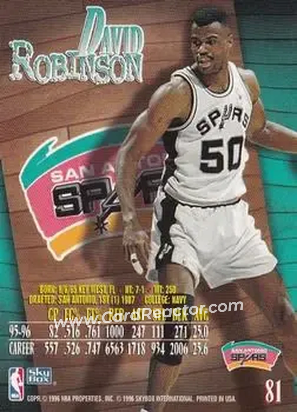 1996-97 SkyBox Z-Force #81 - David Robinson - San Antonio Spurs - Back