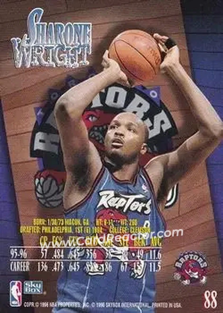 1996-97 SkyBox Z-Force #88 - Sharone Wright - Toronto Raptors - Back 1996-97 SkyBox Z-Force #88 - Sharone Wright - Toronto Raptors - Back