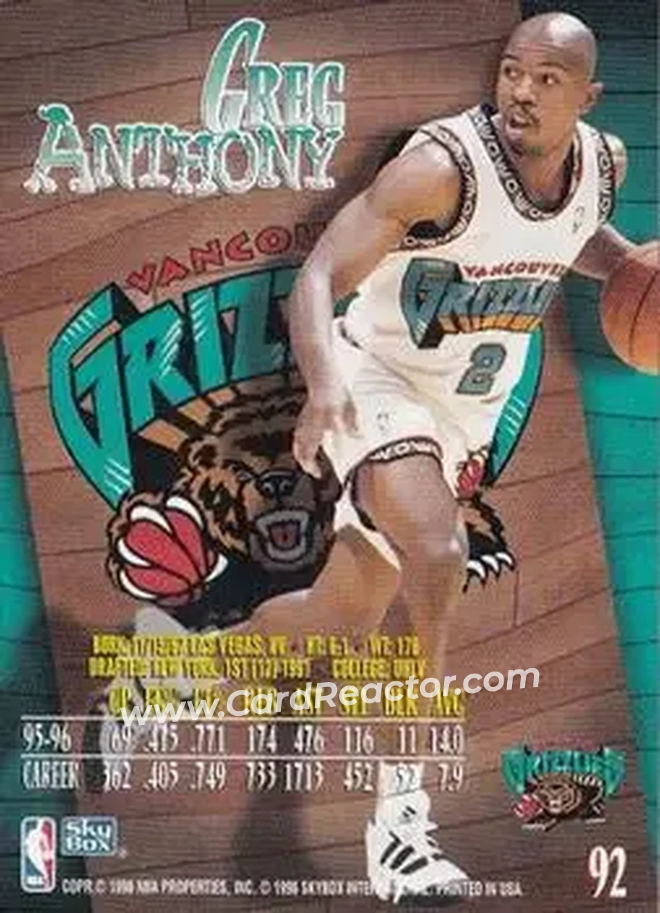 1996-97 SkyBox Z-Force #92 - Greg Anthony - Vancouver Grizzlies - Back