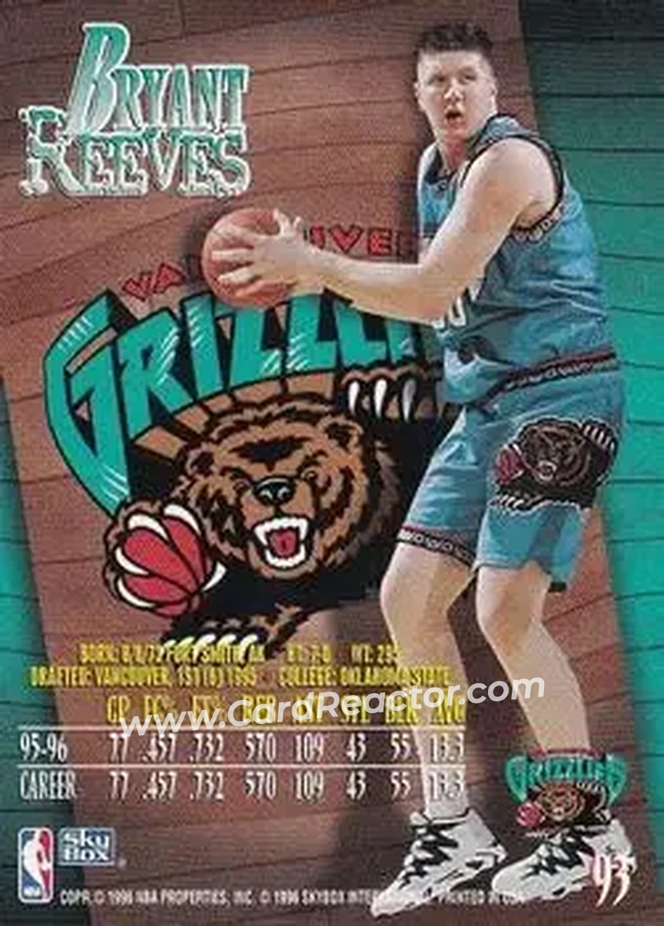 1996-97 SkyBox Z-Force #93 - Bryant Reeves - Vancouver Grizzlies - Back