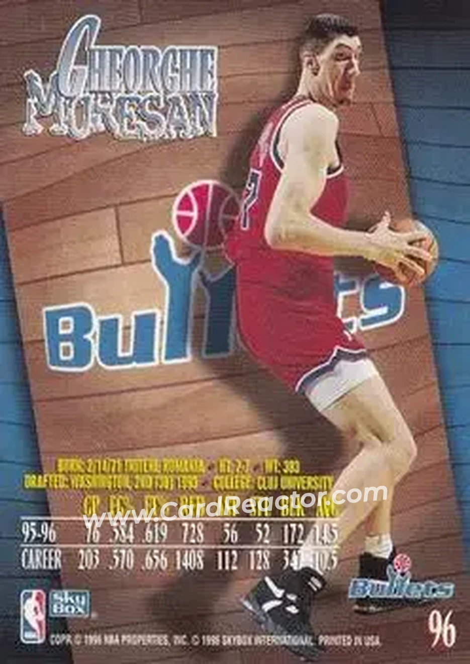 1996-97 SkyBox Z-Force #96 - Gheorghe Mureșan - Washington Bullets - Back
